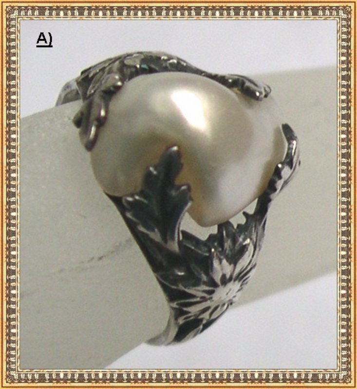 Vintage Arts Crafts Sterling River Pearl &quot;CC&quot; Pins Foliate Ring