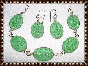 Vintage Etched Green Glass Sterling Silver Bracelet Set