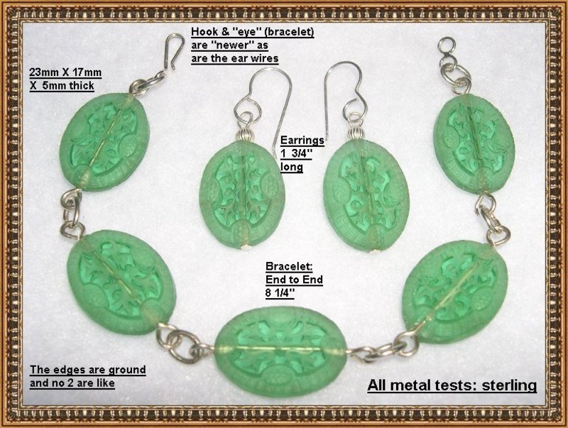 Vintage Etched Green Glass Sterling Silver Bracelet Set