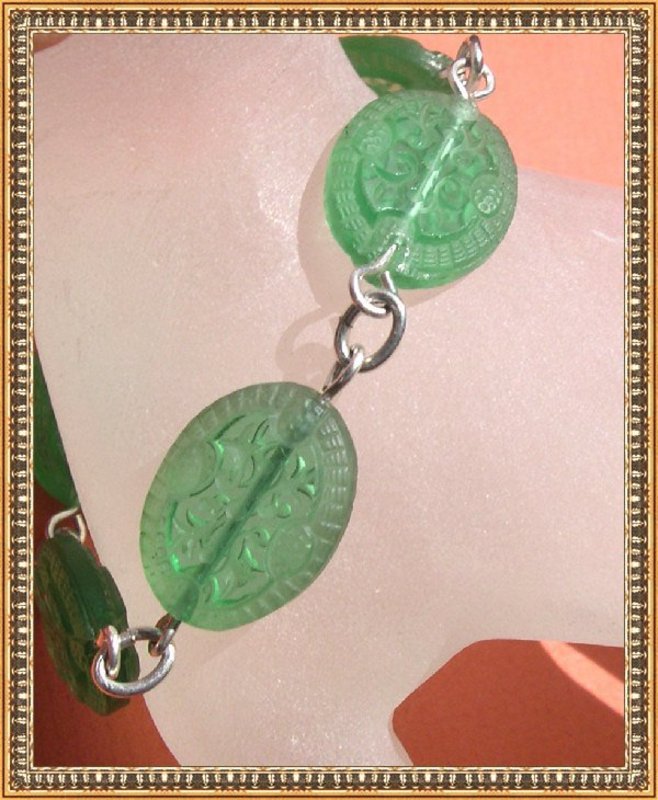 Vintage Etched Green Glass Sterling Silver Bracelet Set
