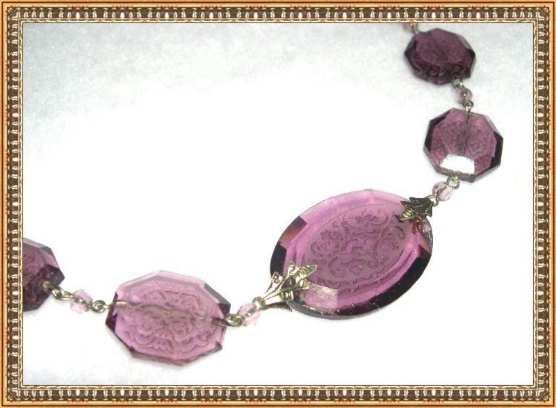 Vintage Amethyst &quot;Lalique&quot; Like Etched Art Glass Necklace Choker