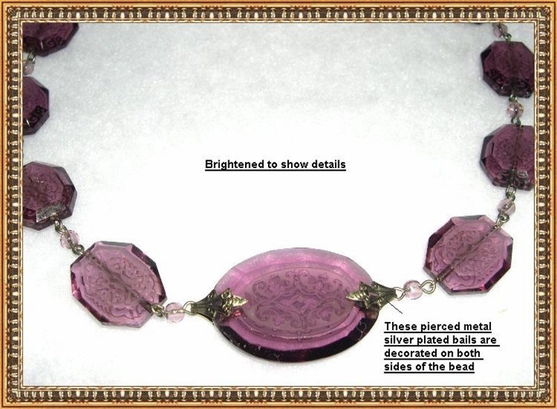 Vintage Amethyst &quot;Lalique&quot; Like Etched Art Glass Necklace Choker