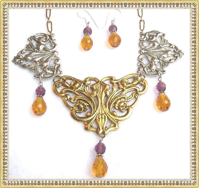 Big Bold Necklace Victorian Art Nouveau Style Bib Ear Set