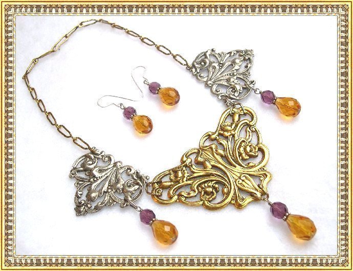 Big Bold Necklace Victorian Art Nouveau Style Bib Ear Set