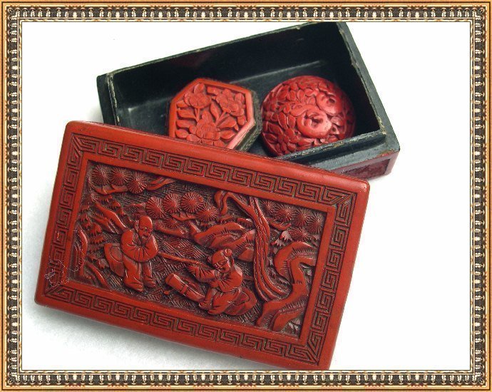 Vintage Lg. Cinnabar Floral Button Red Carved Lacquer Box Clip Lot