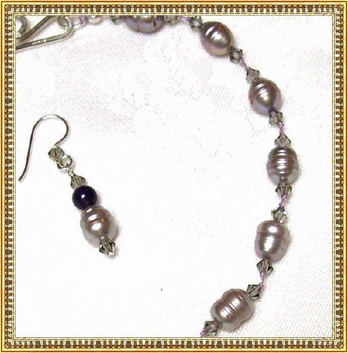 Signed Necklace Ear Pend Silver Set Lavender FW Pearls