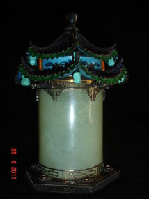 Unique silver, celadon jade, enameled Chinese pagoda