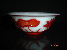 Antique Chinese carved Peking glass overlay bowl