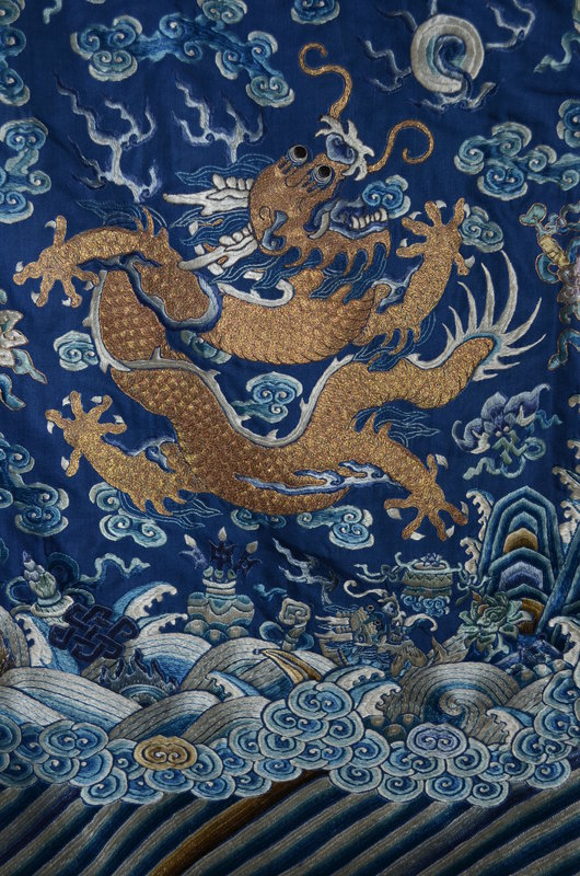 Antique Chinese silk embroidered dragon robe, 19th C