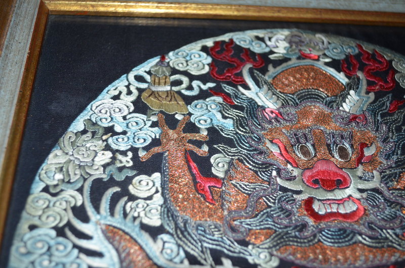 Antique Chinese embroidered dragon round rank badge