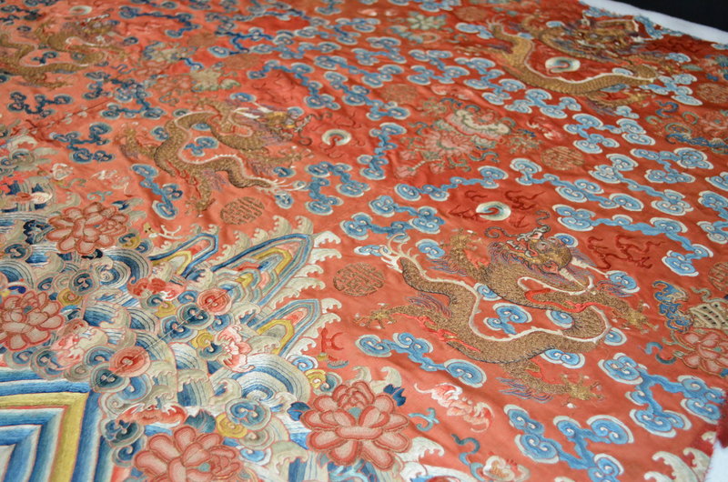 Antique Chinese embroidered red silk panel- Dragons