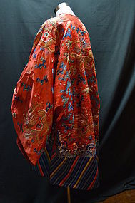 Antique Chinese red embroidered dragon silk robe