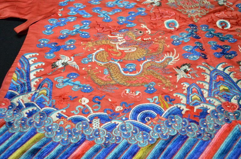 Antique Chinese red embroidered dragon silk robe