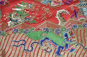 Antique Chinese embroidered red silk dragon robe