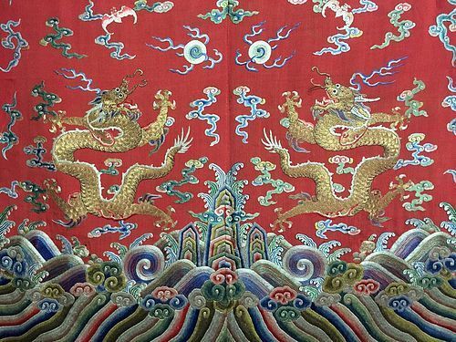 Antique Chinese embroidered dragon silk robe, Qianlong
