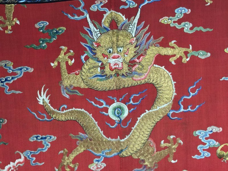 Antique Chinese embroidered dragon silk robe, Qianlong