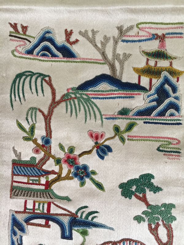 Antique Chinese robe sleeve band embroidered silk - Pekinese stitch