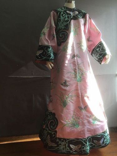 Antique Chinese embroidered Manchu silk robe with Orchid & butterflies