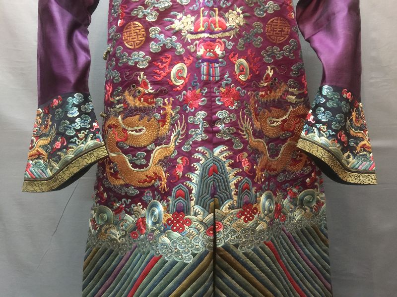 Antique Chinese embroidered semi formal dragon silk robe - Jifu