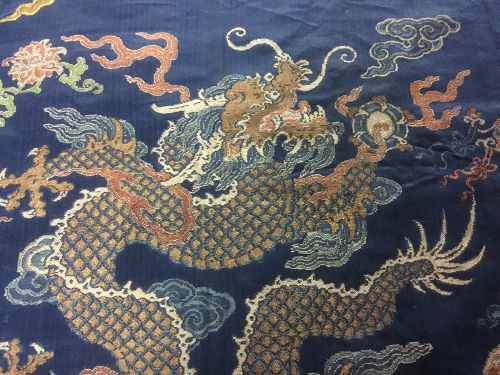 Antique Chinese robe's silk embroidered 5-claw dragon brocade, 18th C
