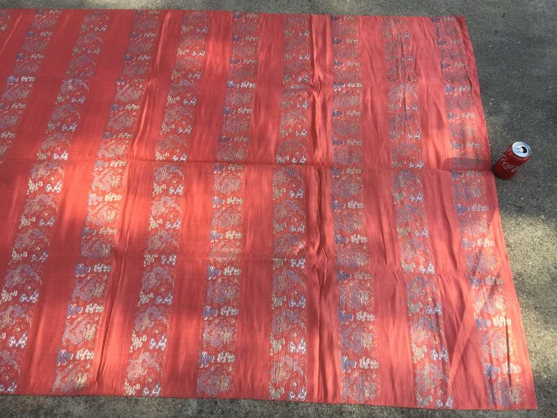 Antique Chinese red silk dragon woven brocade tapestry
