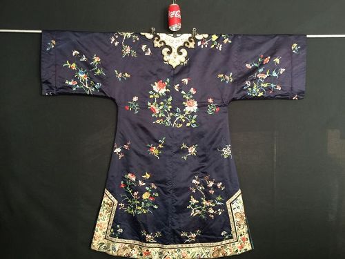 Antique Chinese woman's embroidered long silk robe-  石青缎绣蝶花卉纹对襟长女褂