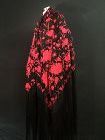 Antique Chinese black silk piano shawl with embroidered red peonies