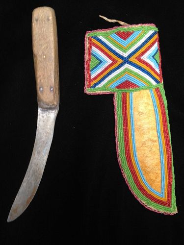 Plains Cree Beaded Hide Knife Case and Trade Knife