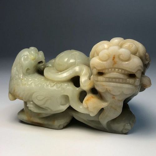Antique Chinese Carved Jade Temple Foo Lion Group