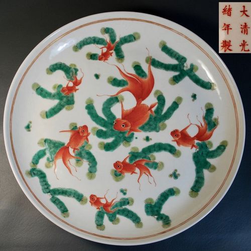 Large Antique Chinese Porcelain Charger Plate, Guangxu Mark, Goldfish