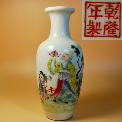 Antique Chinese Porcelain Vase Qianlong Mark, Liu Hai and Shou Xing