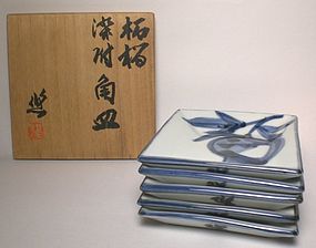 Sometsuke Plate Set By Kondo Yuzo; Ningen Kokuho