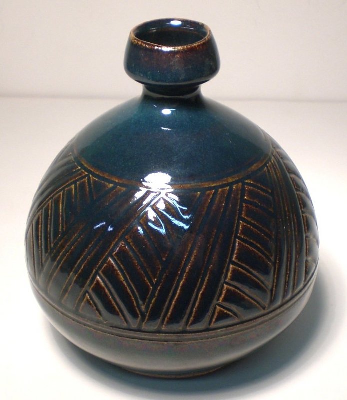 Temmoku Carved Grasses Bottle/Vase