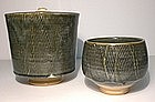 Ao Glazed Kushime Decorated Mizusashi & Chawan Set