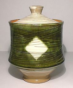 Medieval Green Hakeme Kamon Covered Jar/ Mizusashi