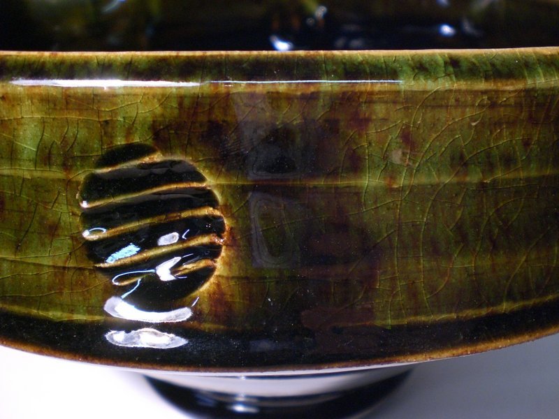 Temmoku &amp; Medieval Green Altered Serving Bowl