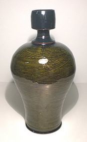 Medieval green & Temmoku Hakeme Bottle Vase
