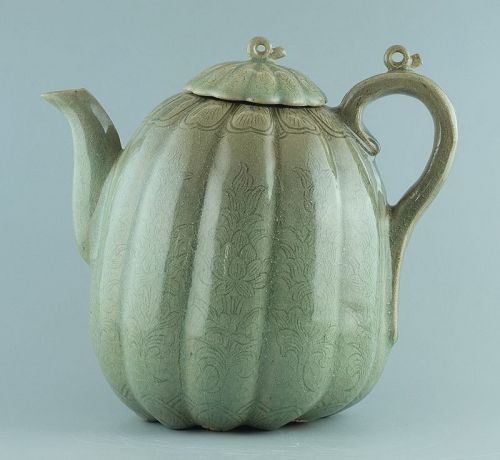 A Korean celadon, melon form, ewer; Goryeo dynasty