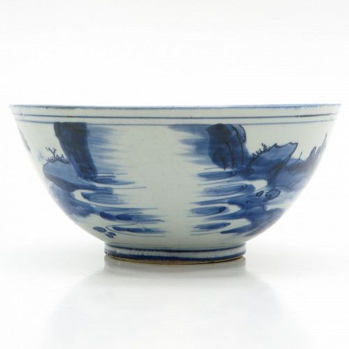 A Transitional Chinese, blue and white, fisherman bowl