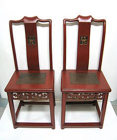 Pair of Red Lacquer Chinese Chairs, Qing