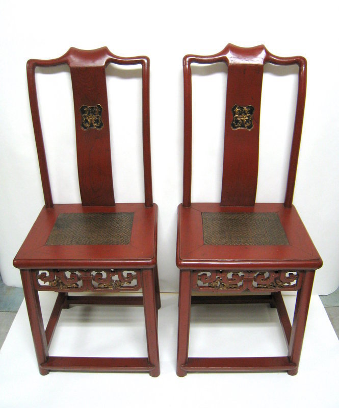 Pair of Red Lacquer Chinese Chairs, Qing
