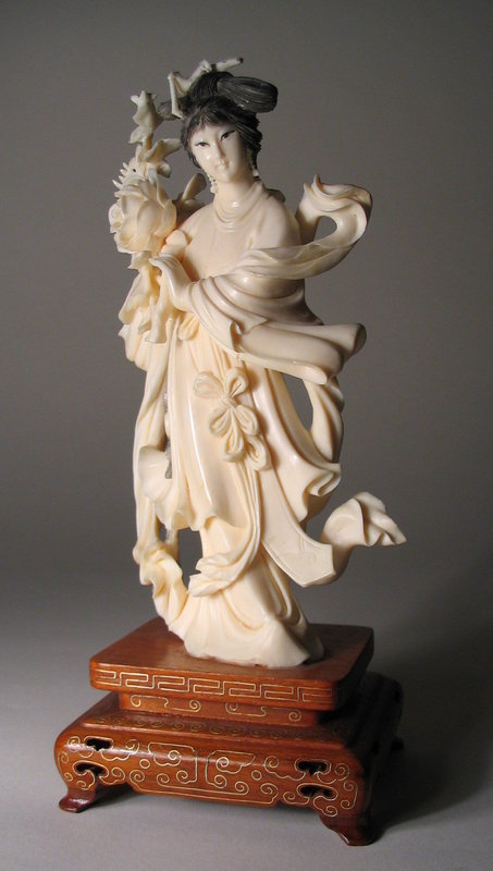 Fine Chinese Ivory Carving of Maiden with Flowers