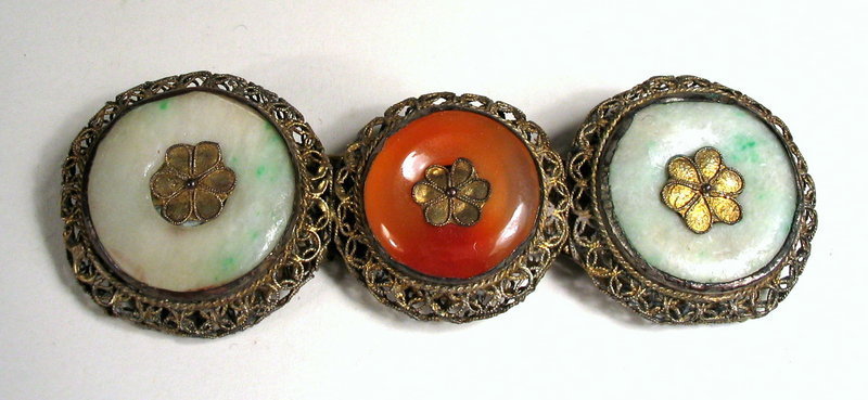 Antique Chinese Jade and Carnelian Filigree Pin, Qing