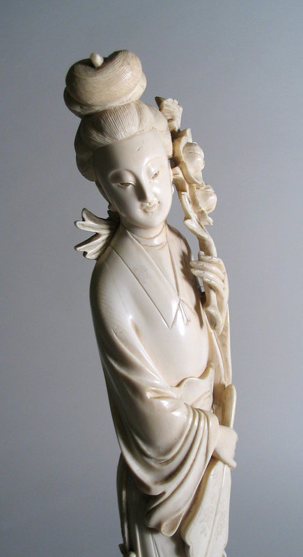 Large Chinese Ivory Carving of Maiden with Flowers