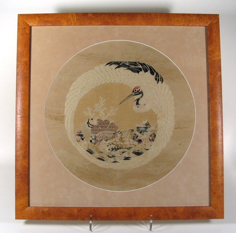 Framed Japanese Silk Brocade Fukusa with Crane