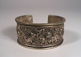 Chinese Silver Repousse Tribal Bracelet
