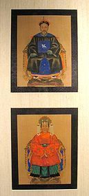 Pair of Miniature Chinese Ancestor Portraits, 19th C., Framed