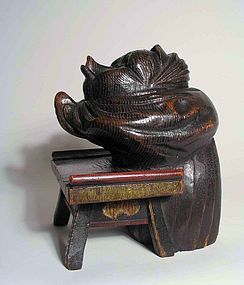 Japanese Wood Mingei Sculpture, Praying Tanuki