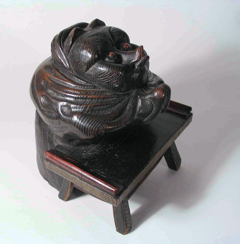 Japanese Wood Mingei Sculpture, Praying Tanuki