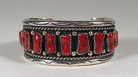 Navajo Sterling Silver and Coral Cuff Bracelet